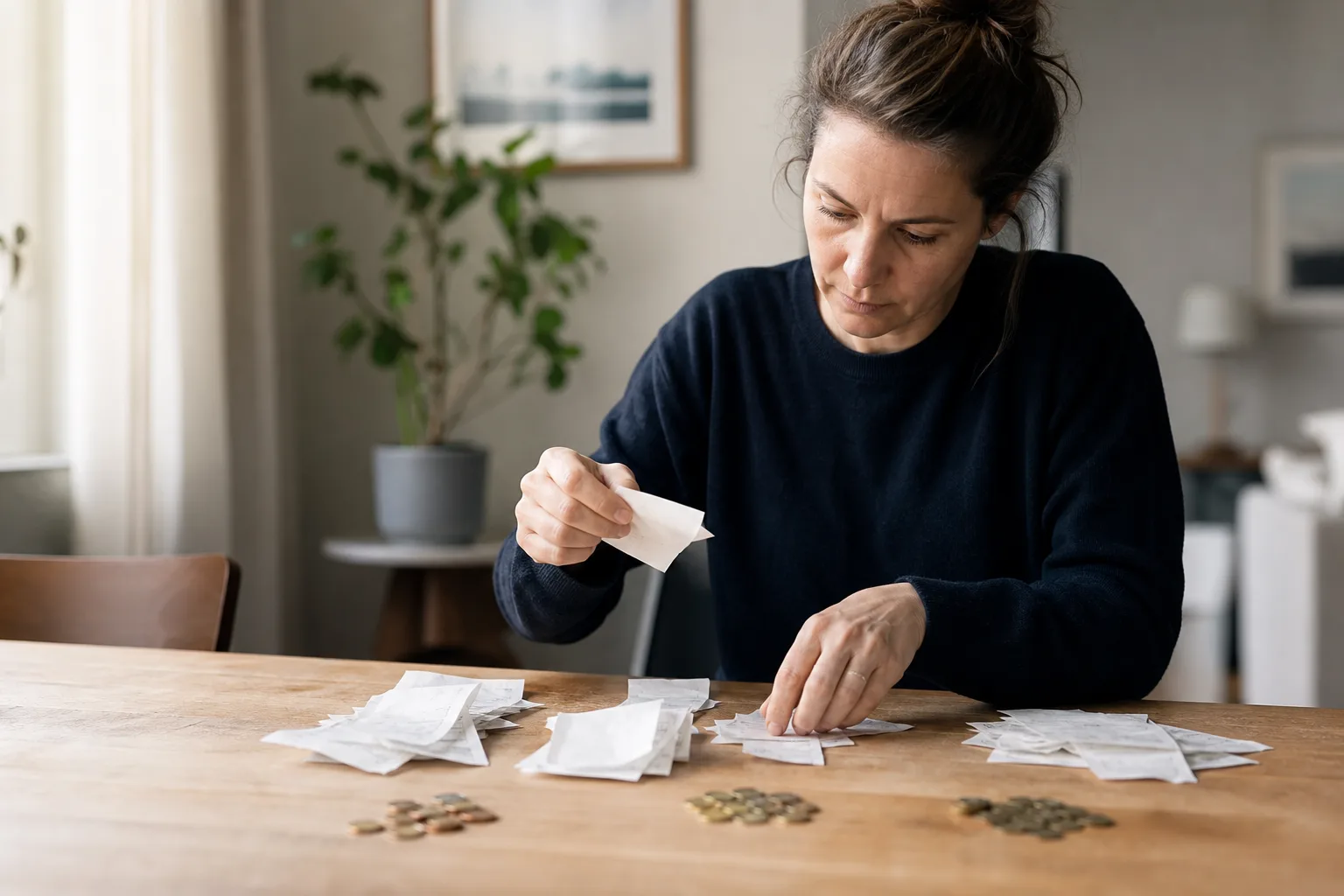 Person sorterar kvitton och mynt