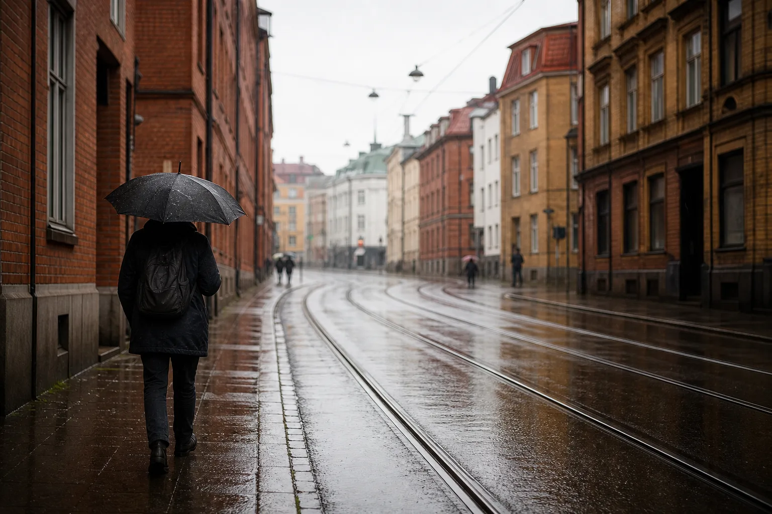 Regnvåt stadsgata med tegelhus