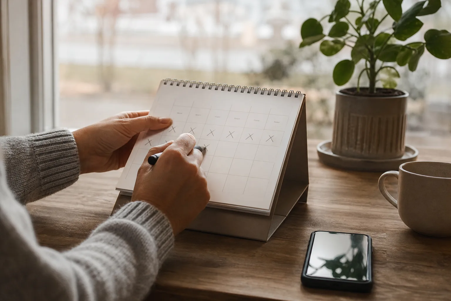 Händer vid kalender och mobil
