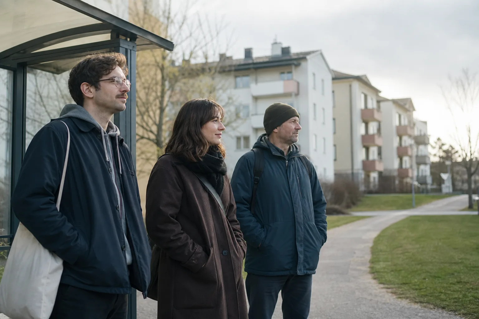 Vuxna i olika åldrar vid hyreshus