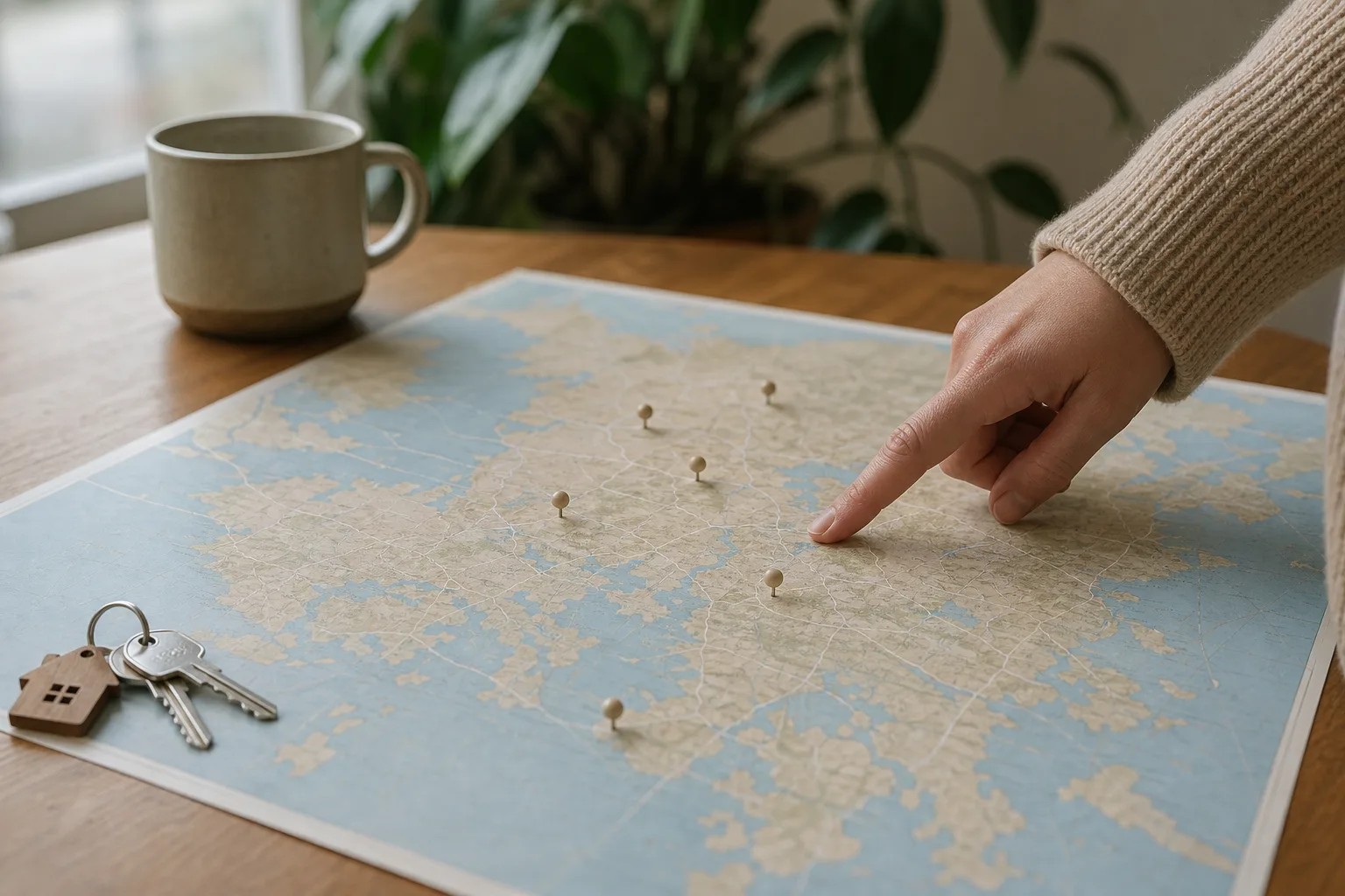 Hand pekar på karta med nycklar