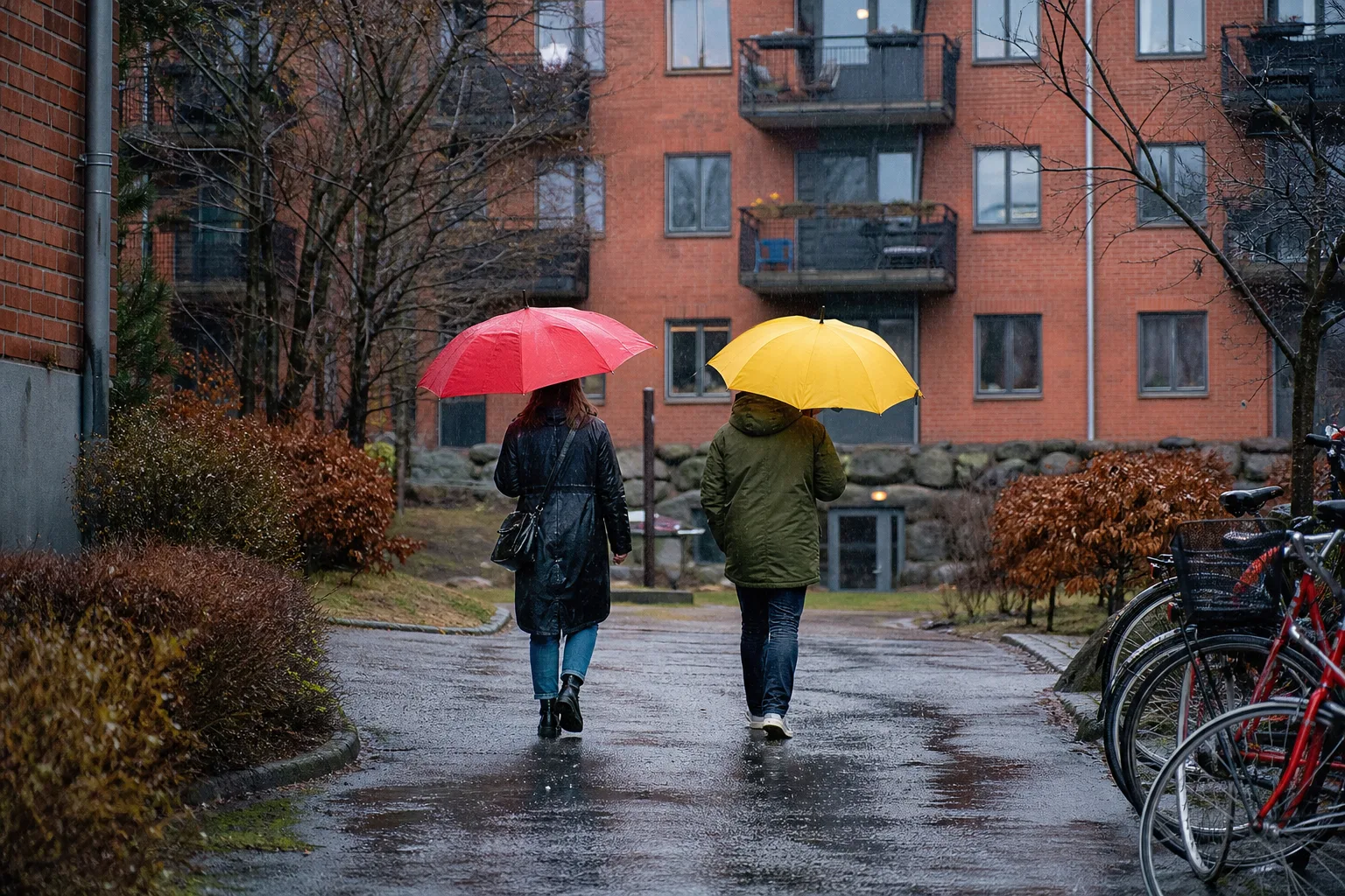 Regnig innergård mellan tegelhus