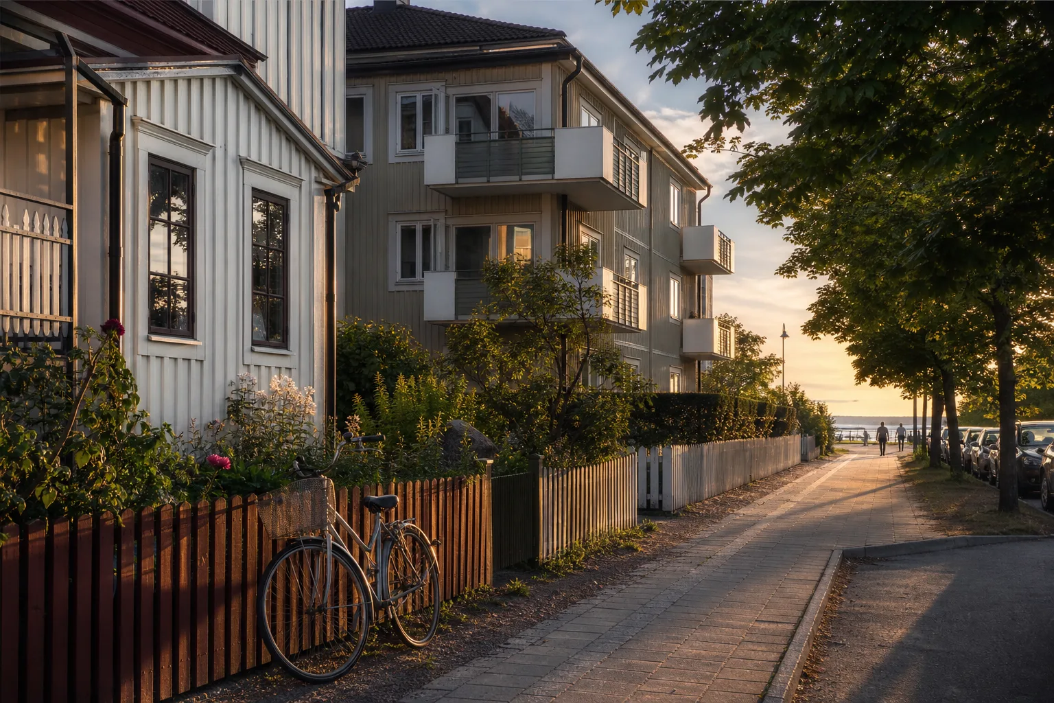 Lugn stadsgata med trähus