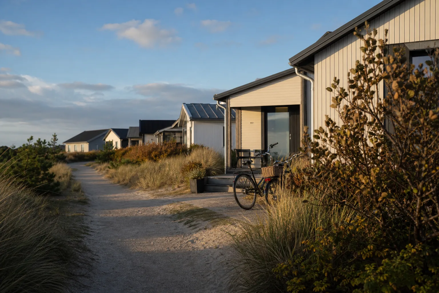 Kustnära bostadshus med cyklar