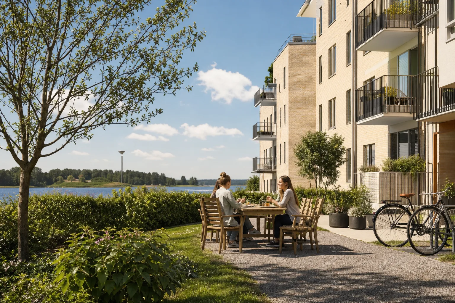 Solig bostadsgård nära vatten