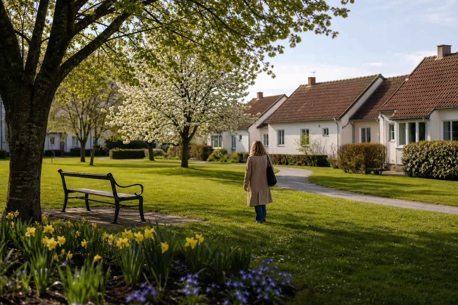 Grön gård mellan putsade bostadshus