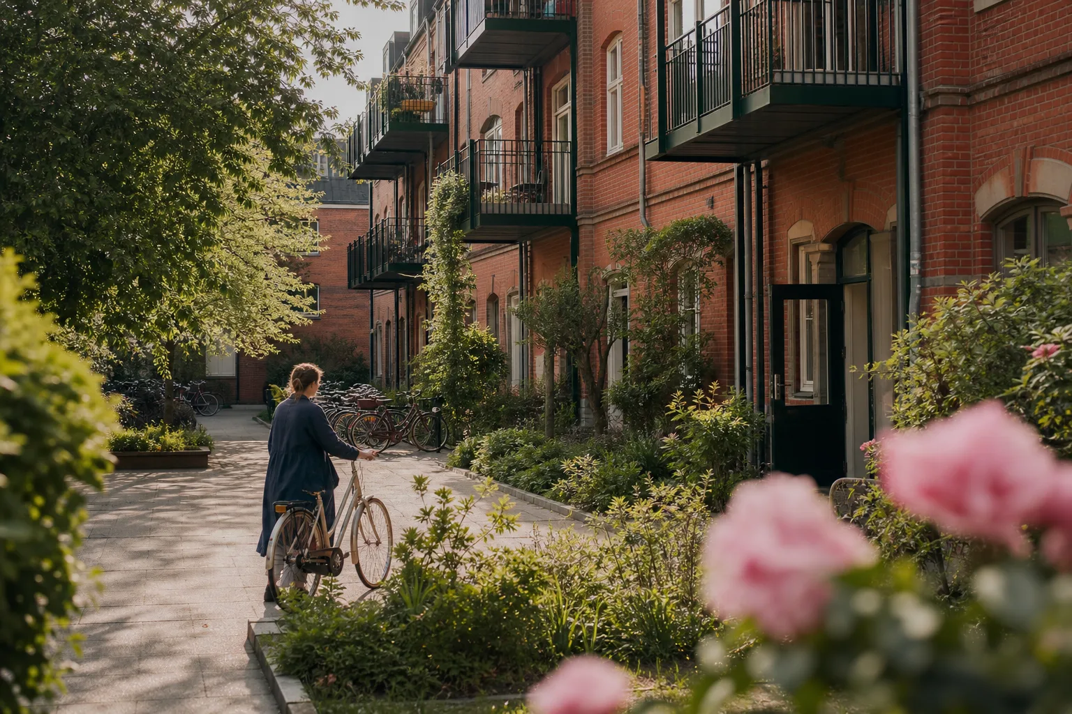 Tegelgård med balkonger och cyklar