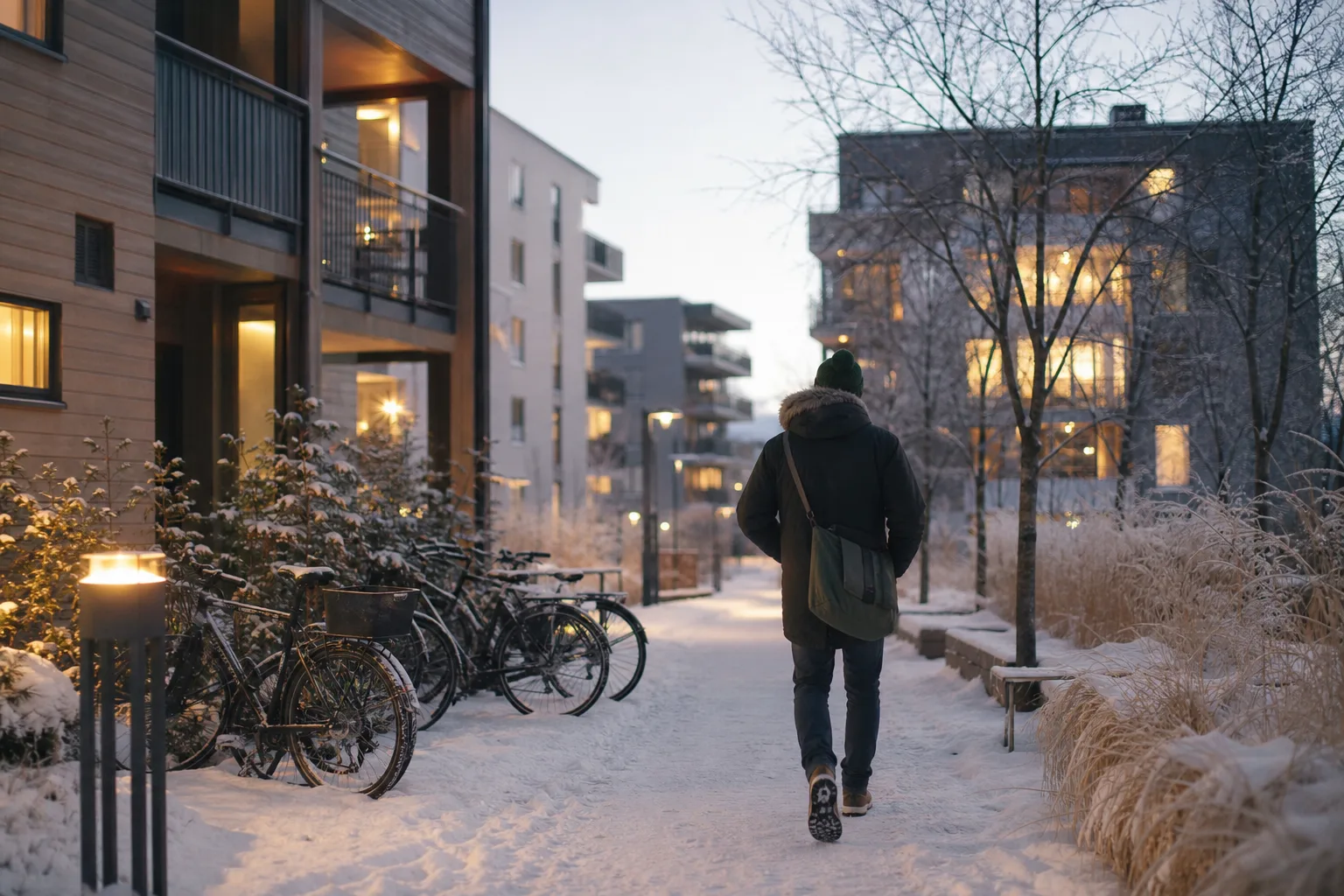 Snöig gångväg mellan bostadshus