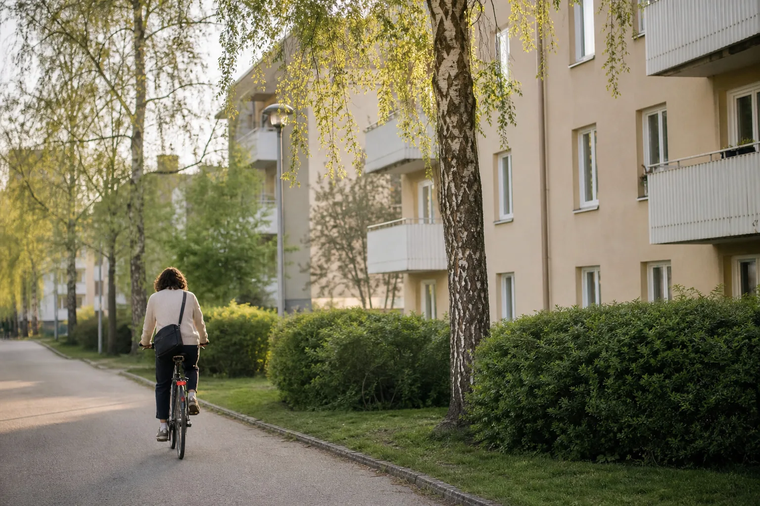 Cykelväg mellan bostadshus och björkar