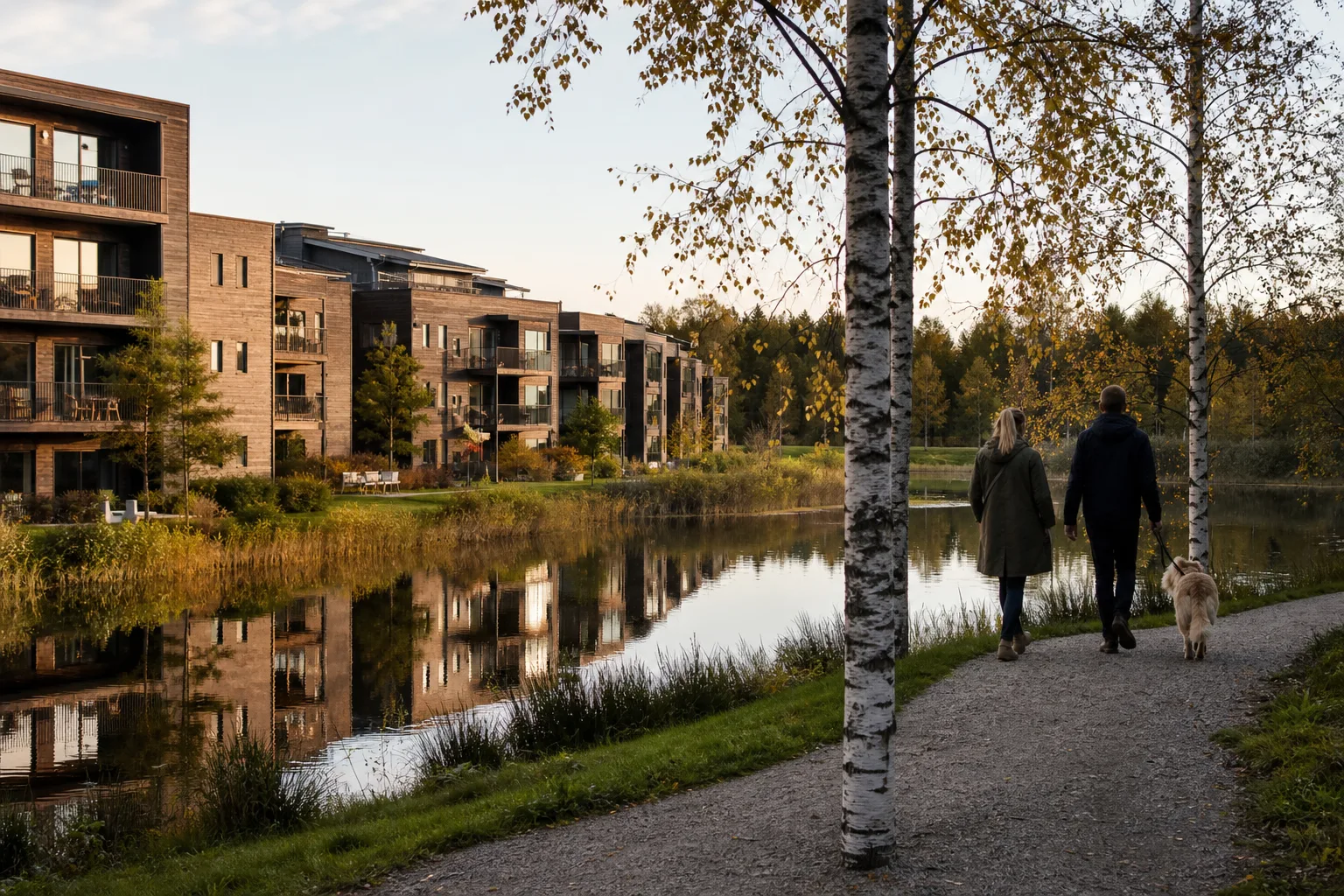 Träklädda bostadshus vid damm