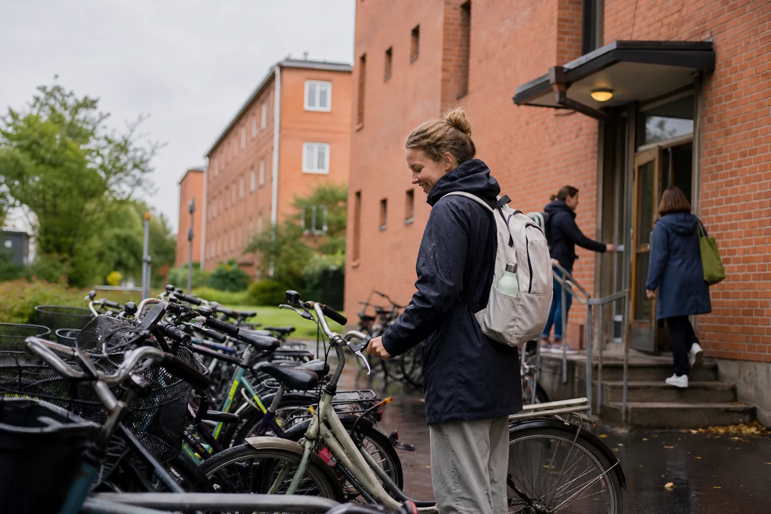 Cyklar utanför studentboende i tegel