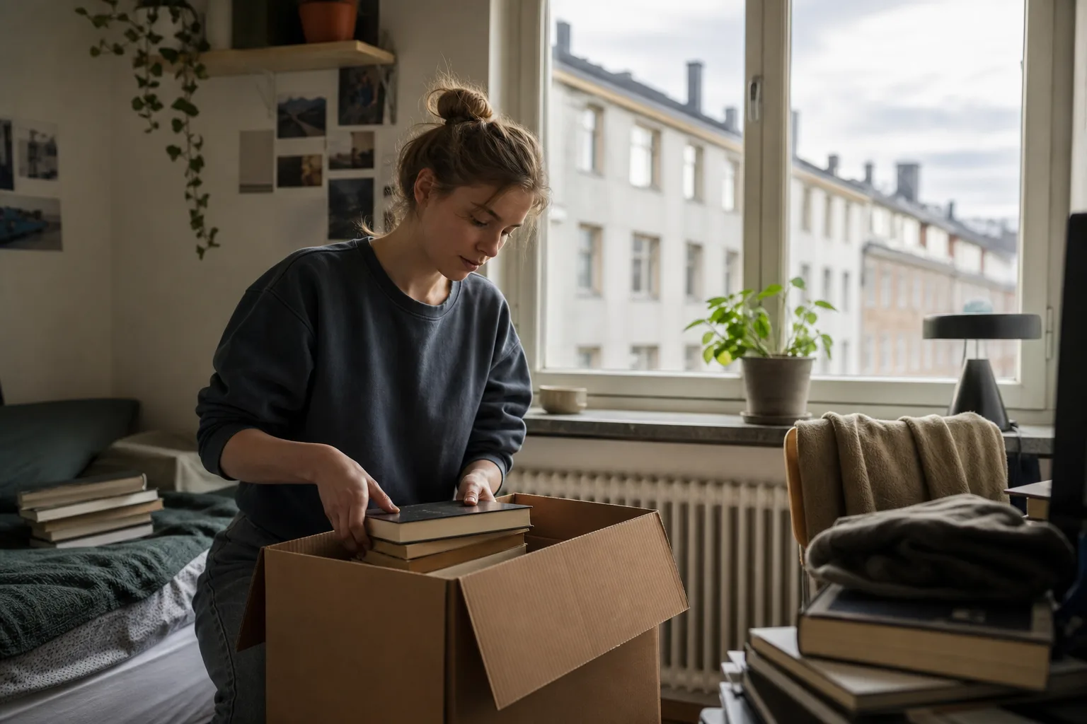 Student packar i ett studentrum