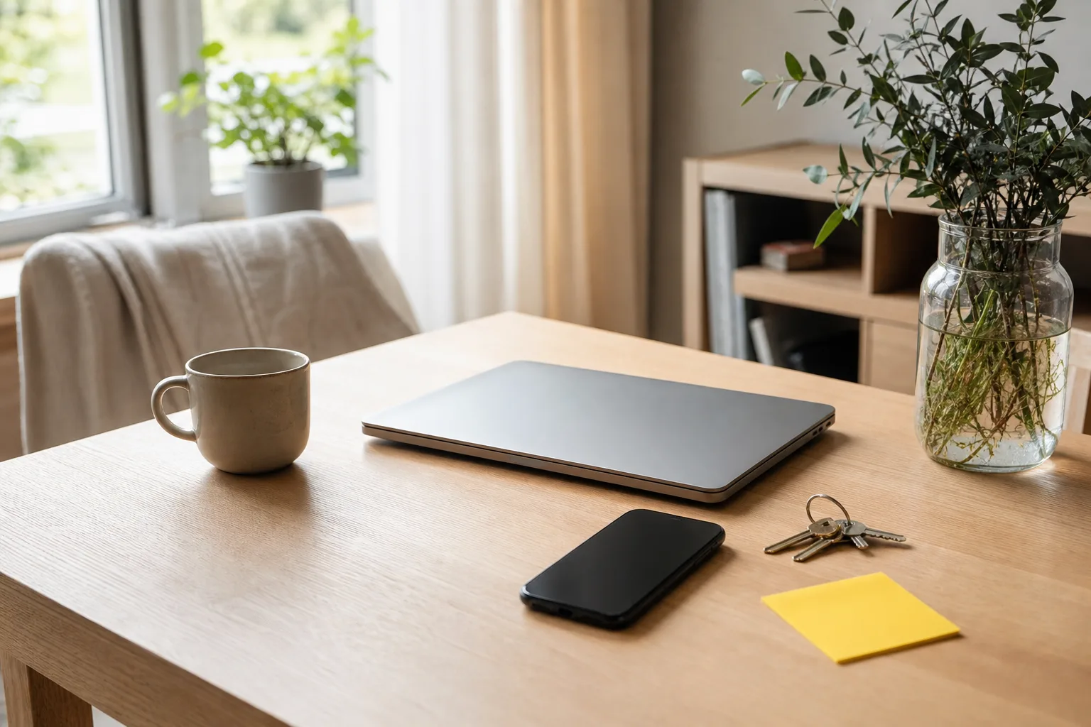 Arbetsplats med laptop, mobil och nycklar