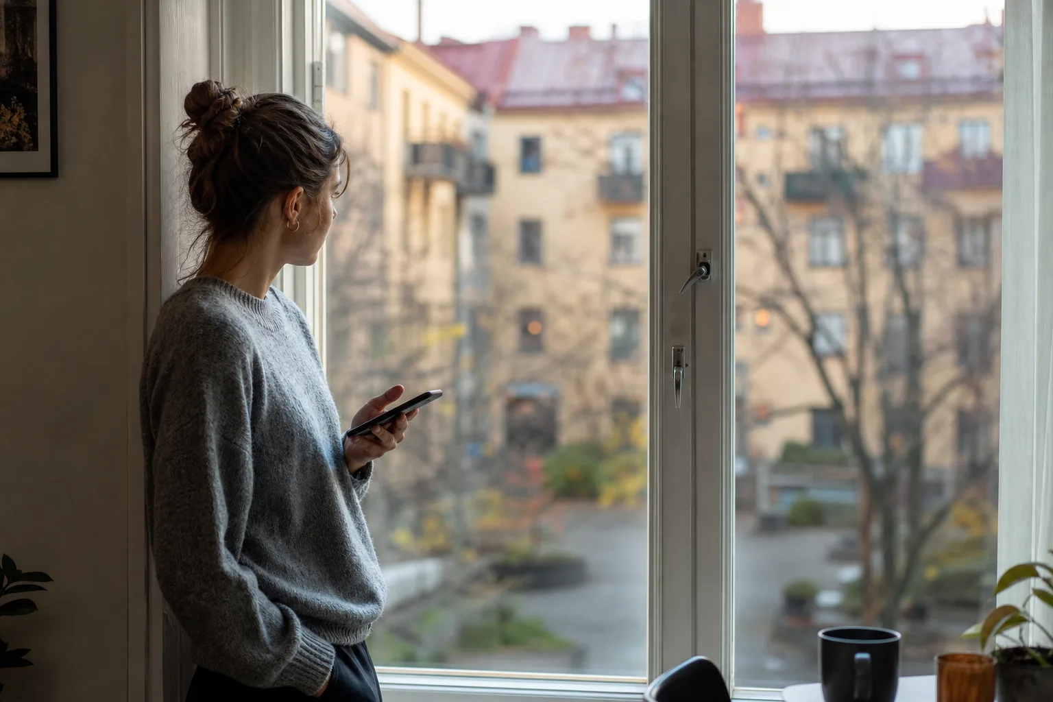 Person med mobil vid fönster